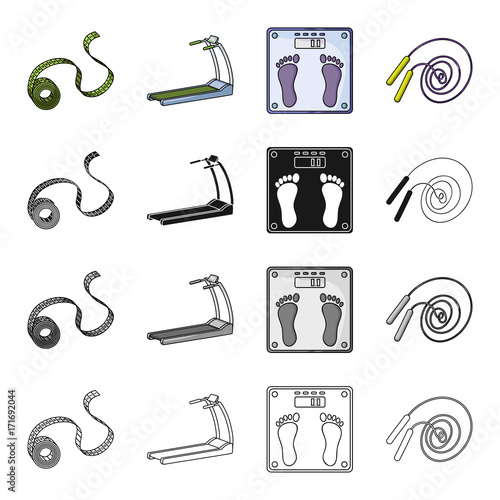 Measuring tape, treadmill, floor scales, skipping rope. Fitness set collection icons in cartoon black monochrome outline style vector symbol stock illustration web.