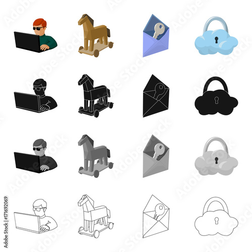 Hacker and computer, Trojan horse, envelope and key, cloud under lock. Hacker and hacking set collection icons in cartoon black monochrome outline style vector symbol stock illustration web.