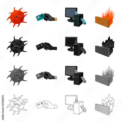 Hacking credit cards, worms in a computer system, a dangerous virus, Firewall. Hacker and hacking set collection icons in cartoon black monochrome outline style vector symbol stock illustration web.