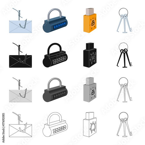 Mail on the hook, the lock with the code, the infected flash drive, the master key for breaking. Hacker and hacking set collection icons in cartoon black monochrome outline style vector symbol stock