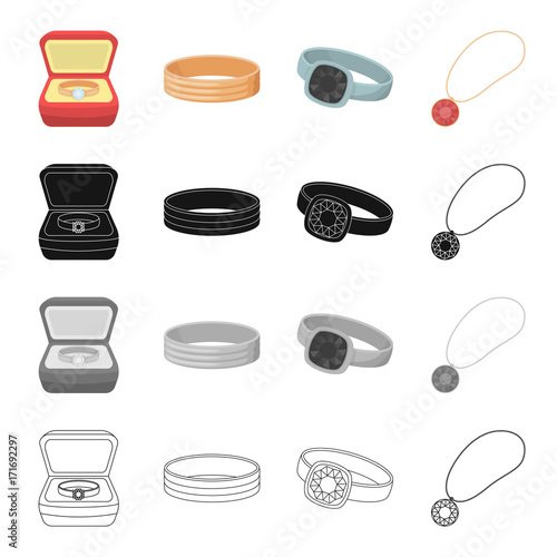 Gift wrap, ring, jewelry ring, pendant on a chain. Jewelry and Accessories set collection icons in cartoon black monochrome outline style vector symbol stock illustration web.