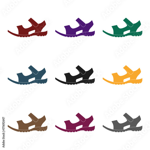 Men summer brown leather sandals on a bare foot.Different shoes single icon in black style vector symbol stock illustration.