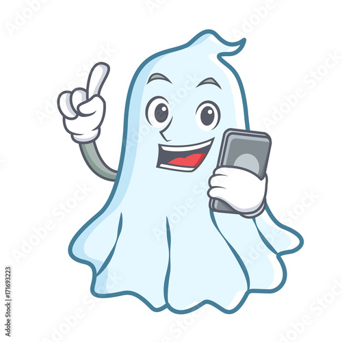 With phone cute ghost character cartoon