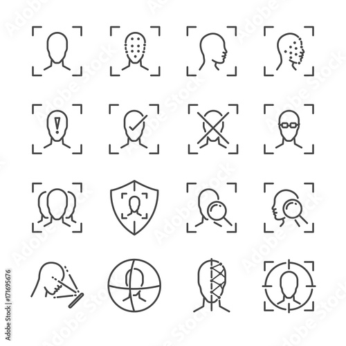 Face ID line icon set. Included the icons as face, recognition, facial, unlock, detect, scan and more.