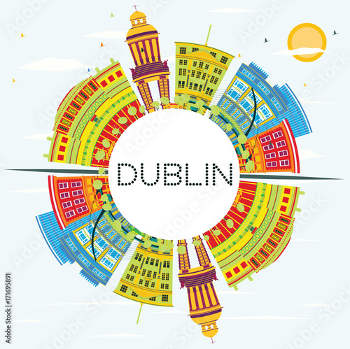 Dublin Skyline with Color Buildings  Blue Sky and Copy Space.