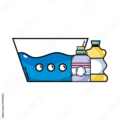 water pail with detergent liquid and cleach bottle vector illustration