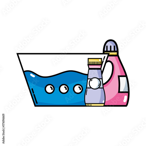 water pail with detergent liquid and softener bottle vector illustration