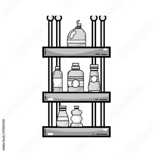 grayscale shelf with softener and detergent liquid bottle vector illustration