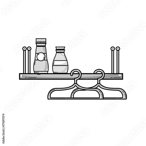 grayscale shelf with softener and detergent liquid bottle vector illustration