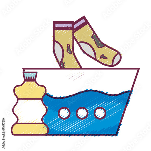 water pail and dirty socks with bleach bottle