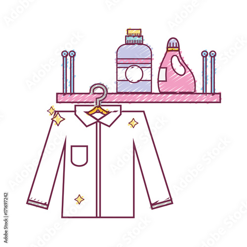 shelf with detergent bottle and clothes hanging vector illustration