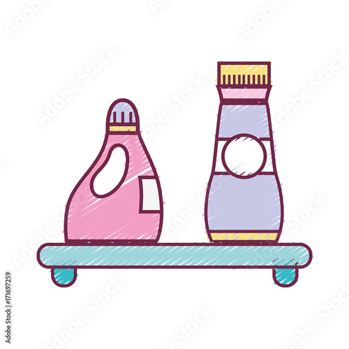 shelf with softener and detergent liquid bottle vector illustration
