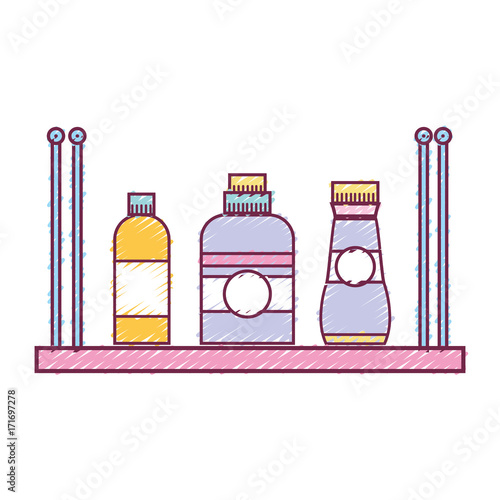 shelf with softener and detergent liquid bottle vector illustration