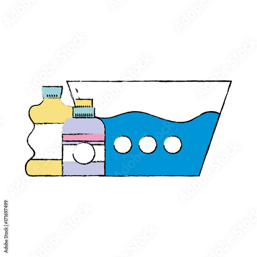 water pail with detergent liquid and cleach bottle vector illustration