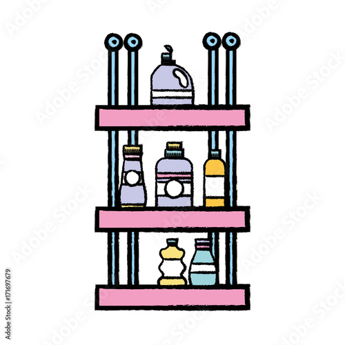 shelf with softener and detergent liquid bottle vector illustration