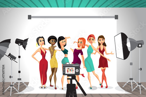 Group of young women posing in photo studio on white background.