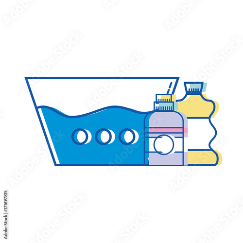 water pail with detergent liquid and cleach bottle vector illustration