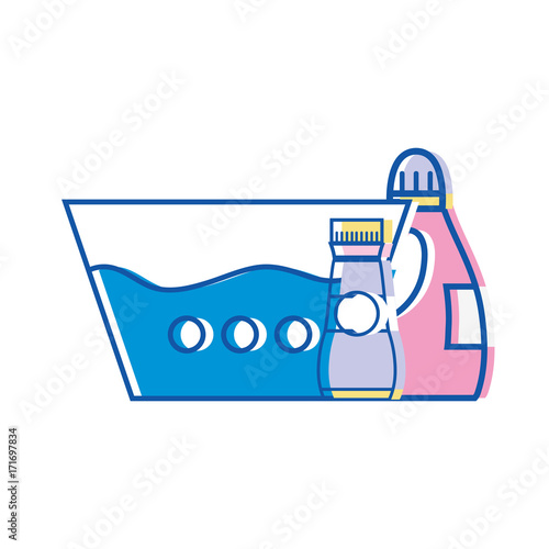 water pail with detergent liquid and softener bottle vector illustration