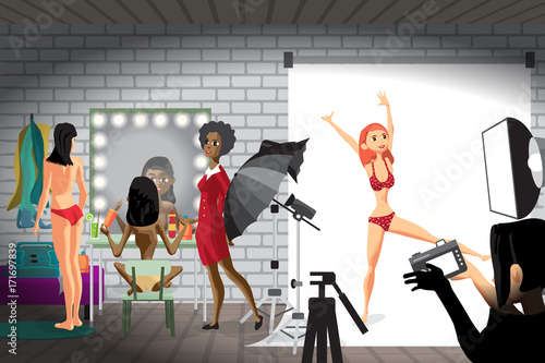 Young women in photo studio. Girls make make-up, change clothes,