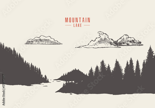 Vector mountain lake pine forest style hand drawn