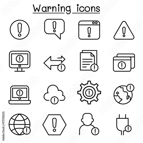 Warning, Caution, danger icon set in thin line style