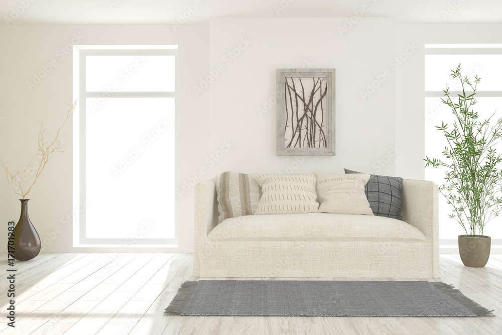 Idea of white minimalist room with sofa. Scandinavian interior design. 3D illustration Idea of white minimalist room with sofa. Scandinavian interior design. 3D illustration