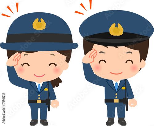 笑顔で敬礼する警察官の男女