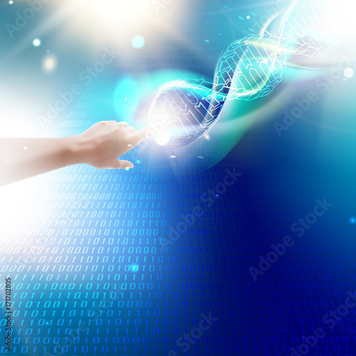 Human hand pointing to the DNA over blue sky background with falling digits of bigdata array. DNA and bigdata. Vector illustration.