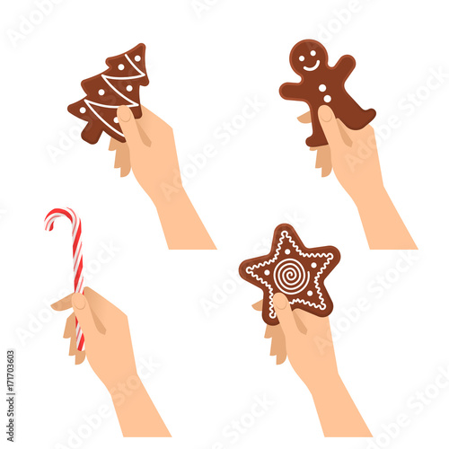 Human hands hold christmas sweet symbols: chocolate cookies, candy cane. Flat illustration of male and female hands with traditional xmas gifts: gingerman, star, new year tree. Vector design elements.