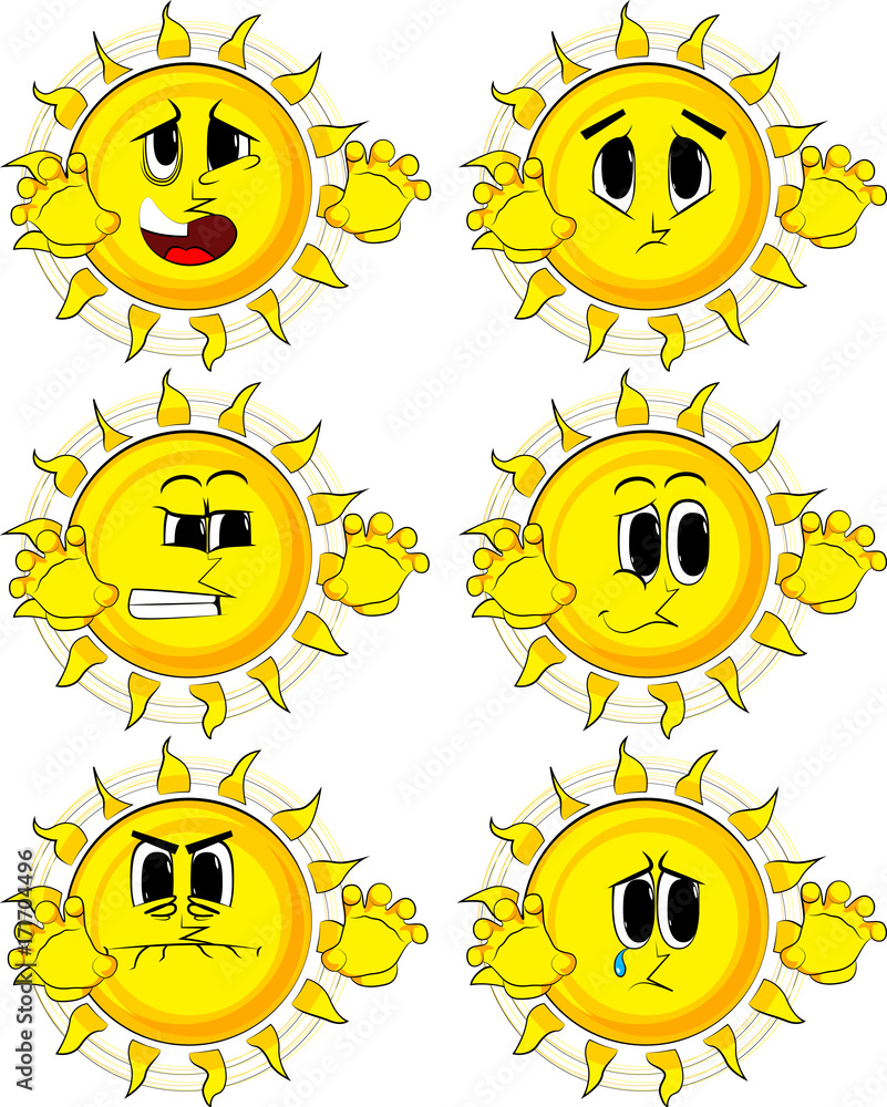 Cartoon sun is trying to scare you. Collection with sad faces. Expressions vector set.