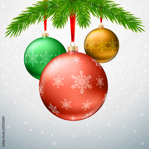 Greeting card with Christmas balls  fir tree branches and snowflakes on a light winter background. Bright colored balls with a pattern of snowflakes hanging on red ribbon  3D illustration.
