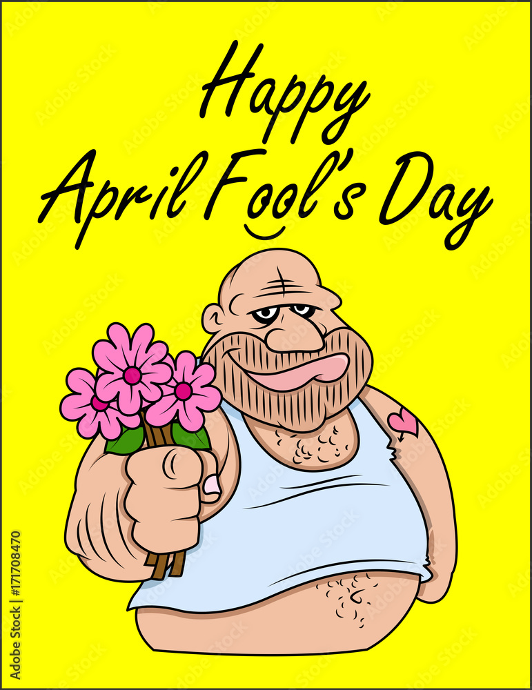 Funny Fat Man Presenting Flowers on April Fool Day Stock Vector | Adobe  Stock