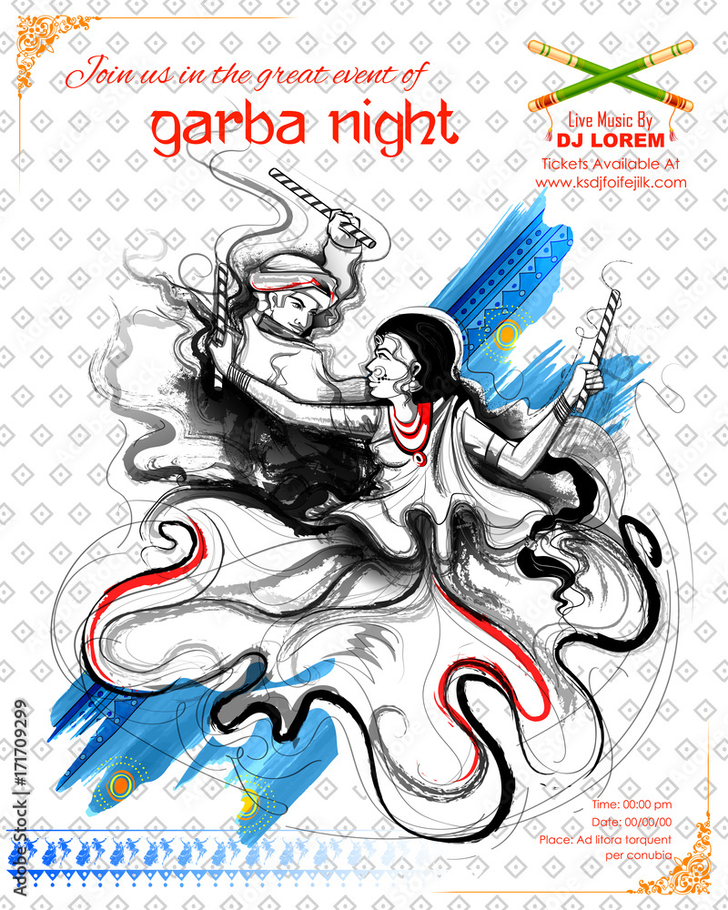 Obraz premium Couple playing Dandiya in disco Garba Night poster for Navratri Dussehra festival of India