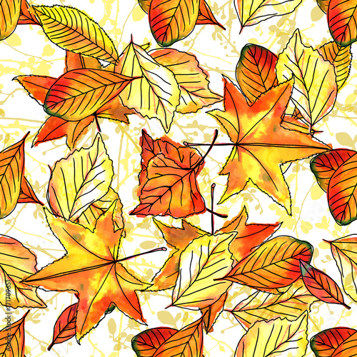 Seamless pattern of watercolor autumn leaves and branches