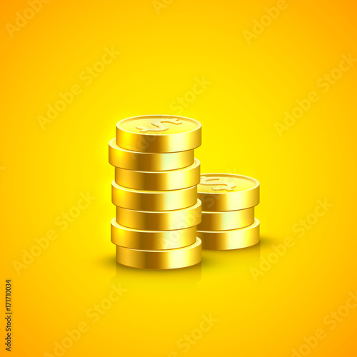 Pile of coins on the orange background. Vector illustration