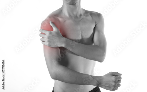 Young man arm and shoulder joint pain on white background.