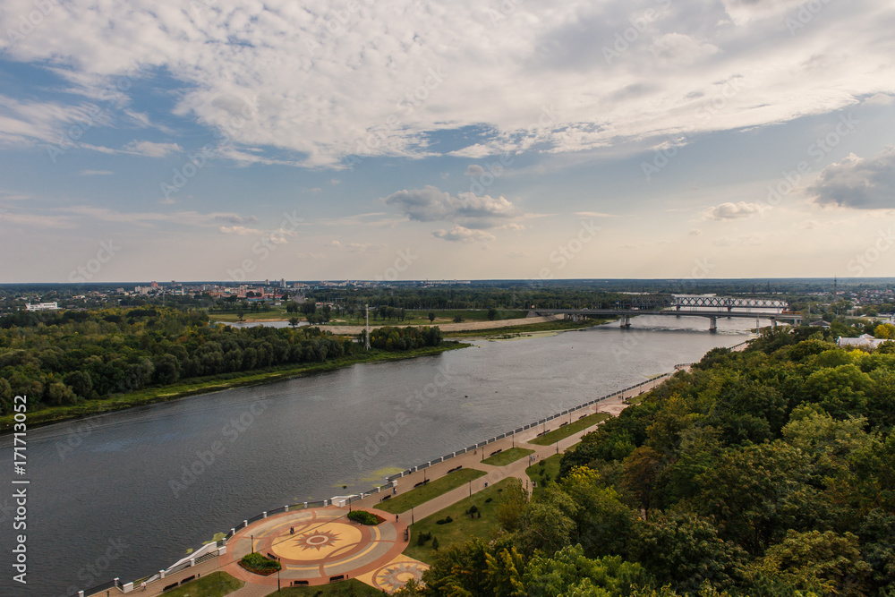 Belarus, Gomel city, view on river Sozh and city park from the tower.