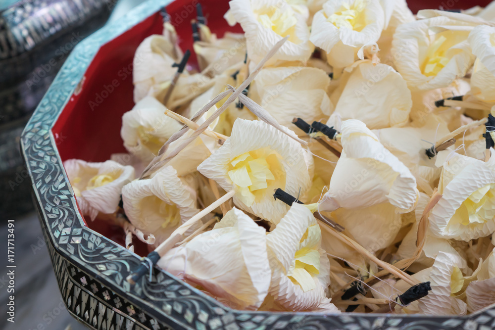 Selective Focus of Artificial Funeral Flowers in Tray, Traditional Buddhist Funeral in Thailand Selective Focus of Artificial Funeral Flowers in Tray, Traditional Buddhist Funeral in Thailand