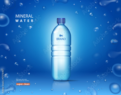 Bottle with clean mineral water. Bubbles on blue background Vector illustration template
