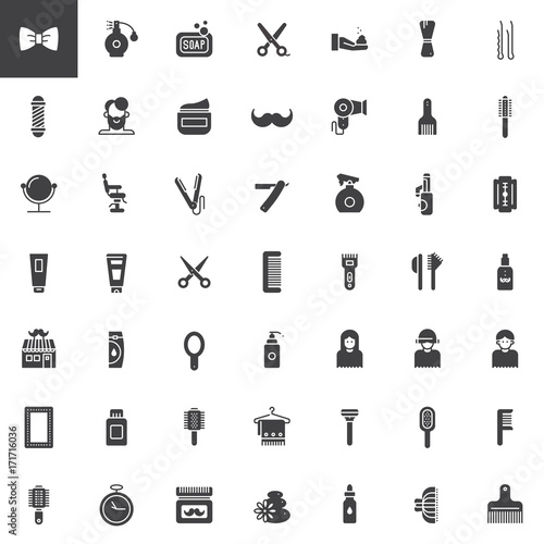 Barber shop vector icons set, modern solid symbol collection, filled pictogram pack. Signs, logo illustration. Set includes icons as brush, hair pin, comb, hairbrush, razor, beard, scissors