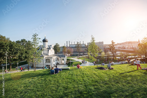 MOSCOW, RUSSIA - SEPTEMBER 12, 2017: Church of the conception of Anne view from modern park Zaryadye photo