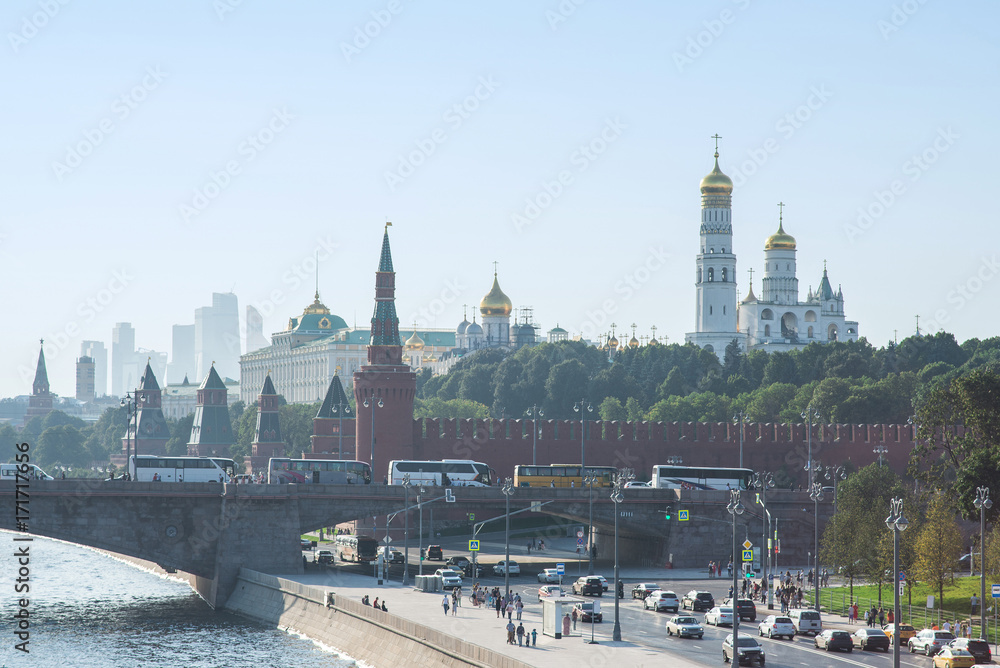 View of Moskva river and Kremlin from new floating bridge in Zaryadye View of Moskva river and Kremlin from new floating bridge in Zaryadye