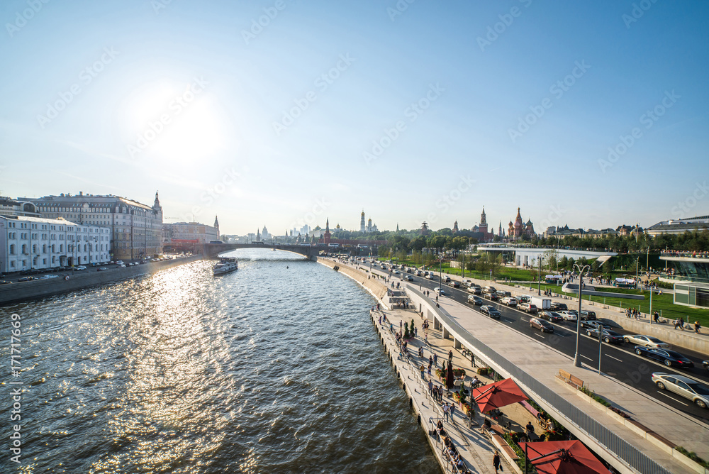 View of Moskva river and Kremlin from new floating bridge in Zaryadye