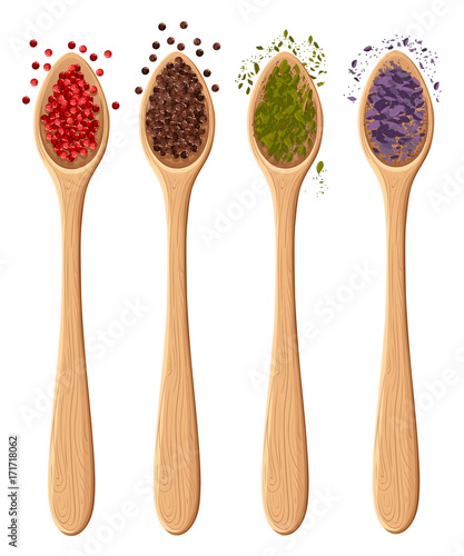 Spices in the spoons isolated on white photo-realistic vector illustration design element in culinary, cooking ingredient, package decoration Web site page and mobile app design vector element
