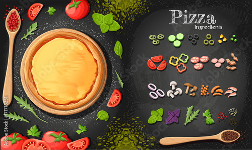 Pizza menu chalkboard cartoon background with fresh ingredients vector illustration Pizzeria flyer vector background. Two horizontal banners with ingredients text on wooden background and blackboard