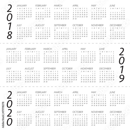 Year 2018 2019 2020 calendar vector