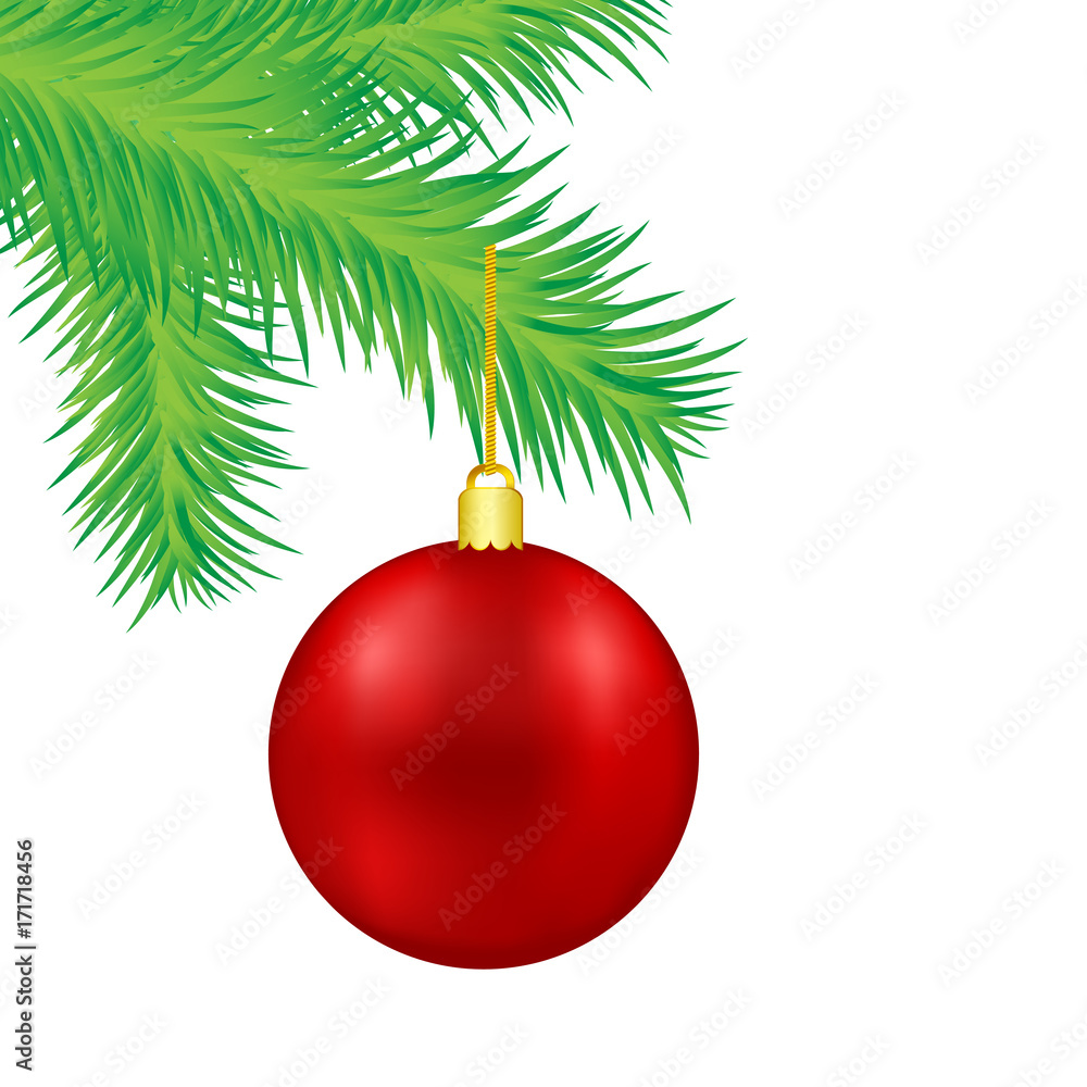 Red Christmas decoration ball on green fir tree branch, vector illustration Red Christmas decoration ball on green fir tree branch, vector illustration