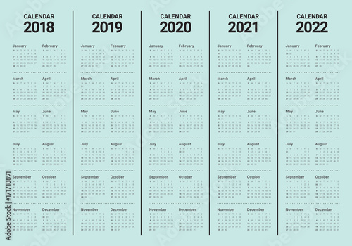Year 2018 2019 2020 2021 2022 calendar vector