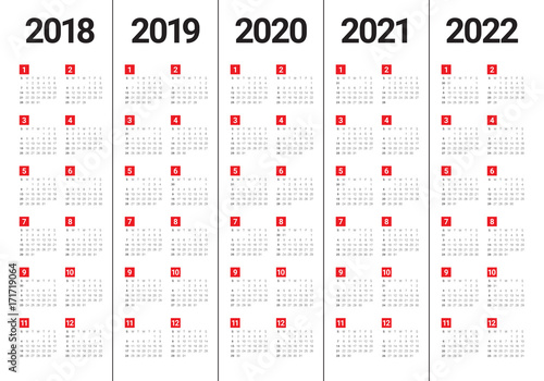 Year 2018 2019 2020 2021 2022 calendar vector