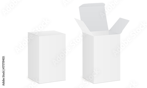 Two blank cardboard boxes, opened and closed. Packaging mockups for medical ointment, pharmaceutical pills, drug or tablets. Vector illustration